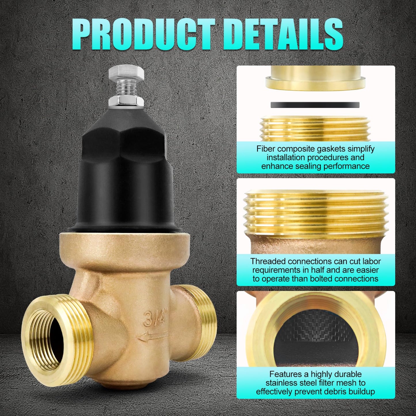NR3XLDU 3/4" Brass Pressure Reducing Valve With Double Union FNPT Connection, Built-In Stainless Steel Filter, Primarily Used In Residential Settings And Public Entrances
