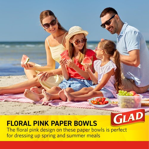 Glad Round Disposable Paper Bowls, Pink Flower Design - Heavy Duty, Soak Proof, Cut-Resistant, Microwavable Bowl for All Foods & Daily Use, 16 Oz, 50 Count