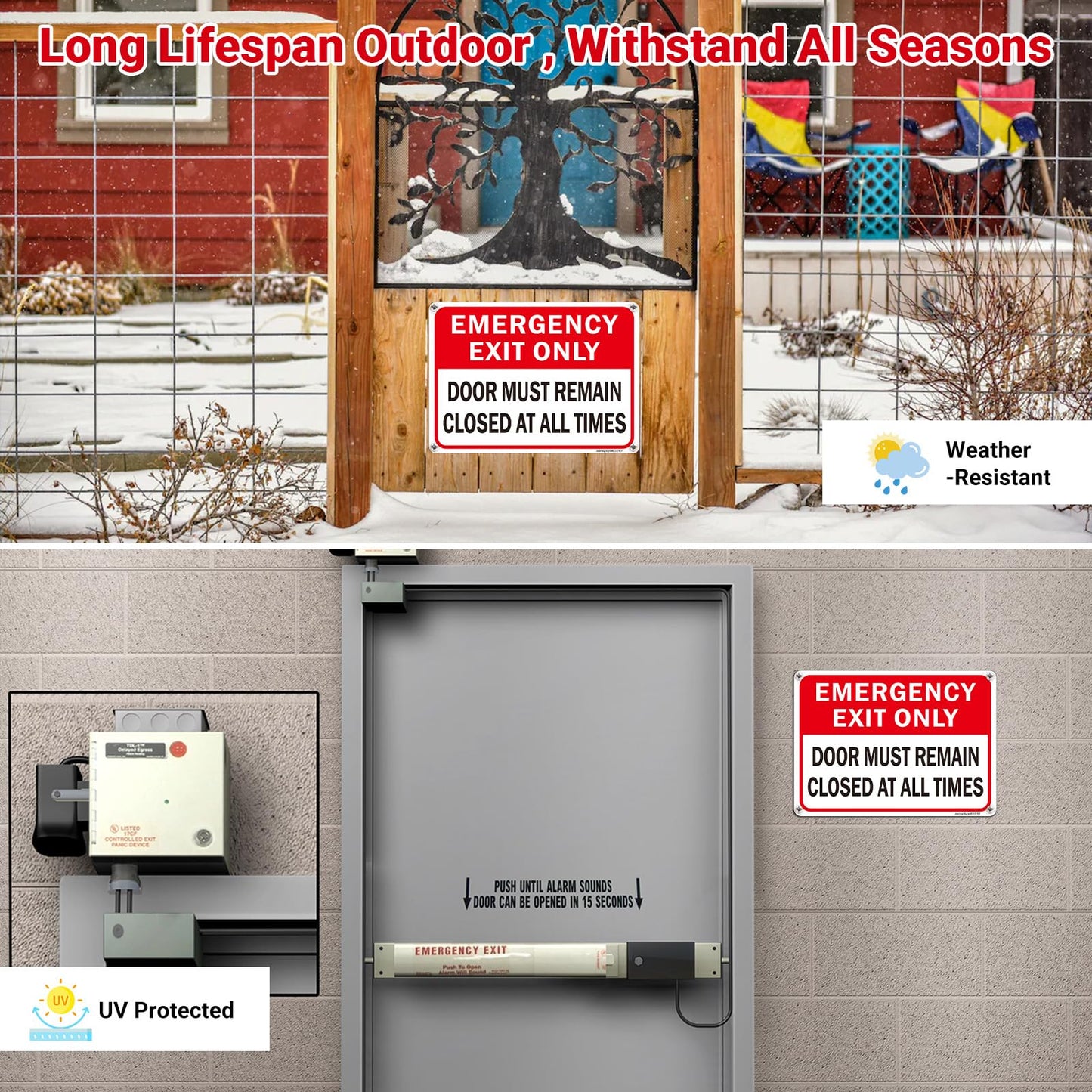 2 Pack Emergency Exit Only - Door Must Remain Closed at All Times Sign, 10"x7" Rust Free Reflective Aluminum, Weather & Fade Resistant, UV Protected, Easy Mounting