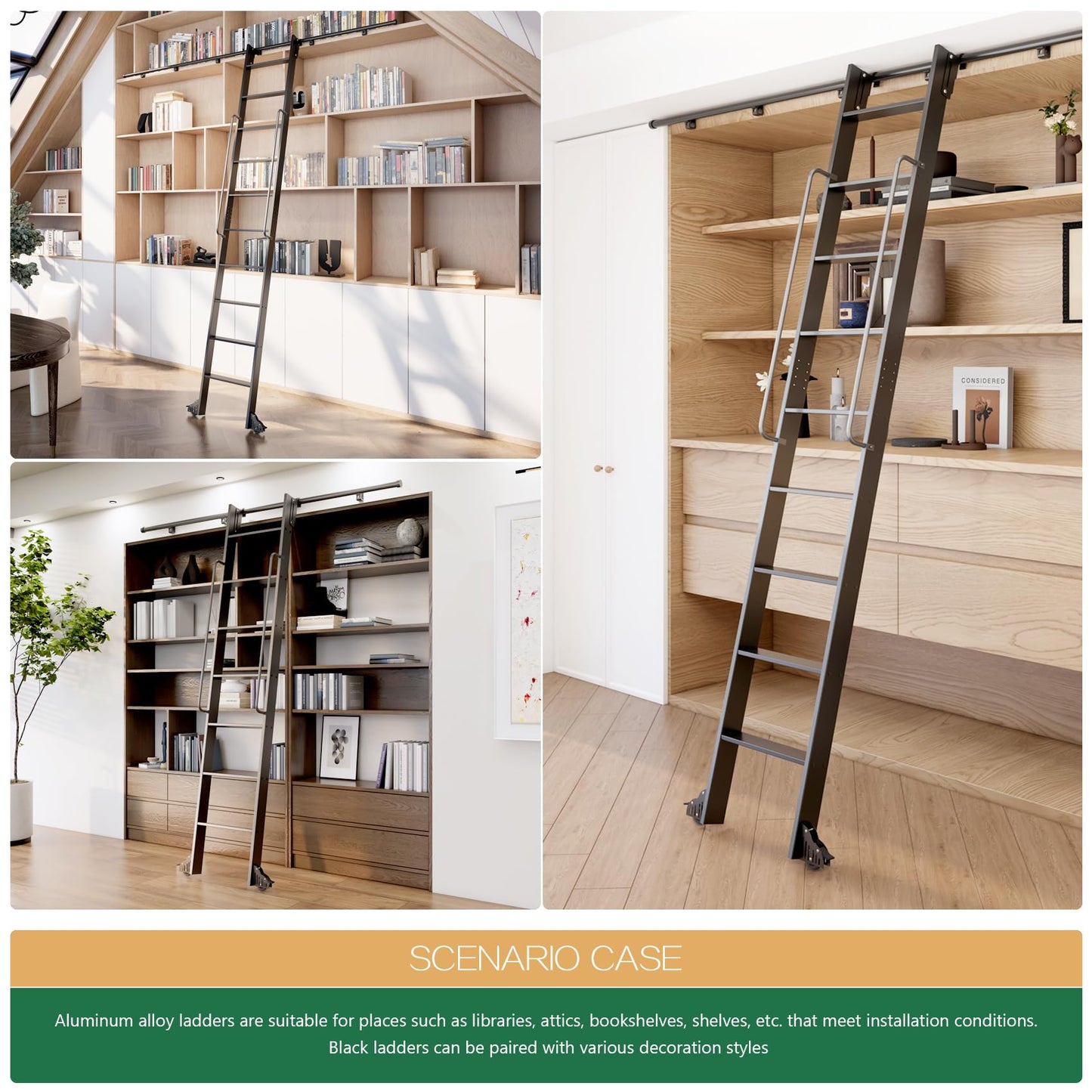 104RDHOUSE 9FT Lightweight Aluminum Rolling Step Ladder 108",Rolling Library Ladder with Wheels,Industrial Sliding Ladder for Home Library,Bookshelf, 4FT Hook Ladder Bookcase Track Kit for Home