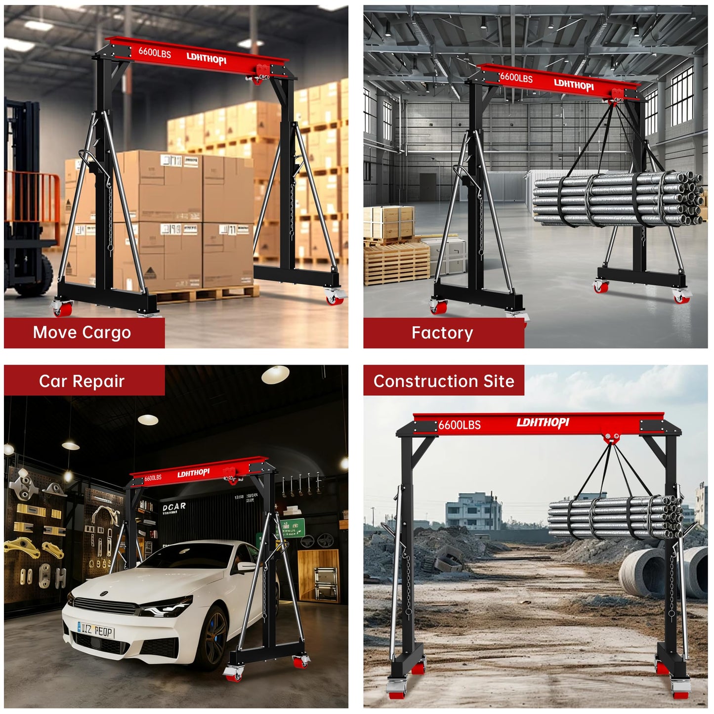 LDHTHOPI 3 Ton Gantry Crane, 6600LBS Adjustable Gantry Crane with 8.53-12.47ft Height, Shop Lift Hoist with Manual Trolley, Hook & Shackles for Warehouse, Factory,Auto Repair & Construction, Red
