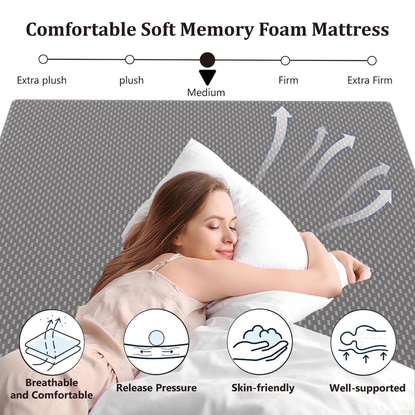OLMCWOOL 3 Inch Queen Mattress, Medium Firm, Memory Foam Mattress,Bed in a Box, CertiPUR-US Certified,Pressure Relief, Ventilated Foam, Washable Removable Cover (Grey, Queen 3in)