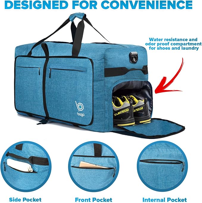 Bago Large Foldable Duffel Bags for Traveling Women & Men - 120L Packable Duffle Bag for Travel with Shoe Compartment - Water Repellant, Heavy Duty, Lightweight Folding & Collapsible (SnowBlue)