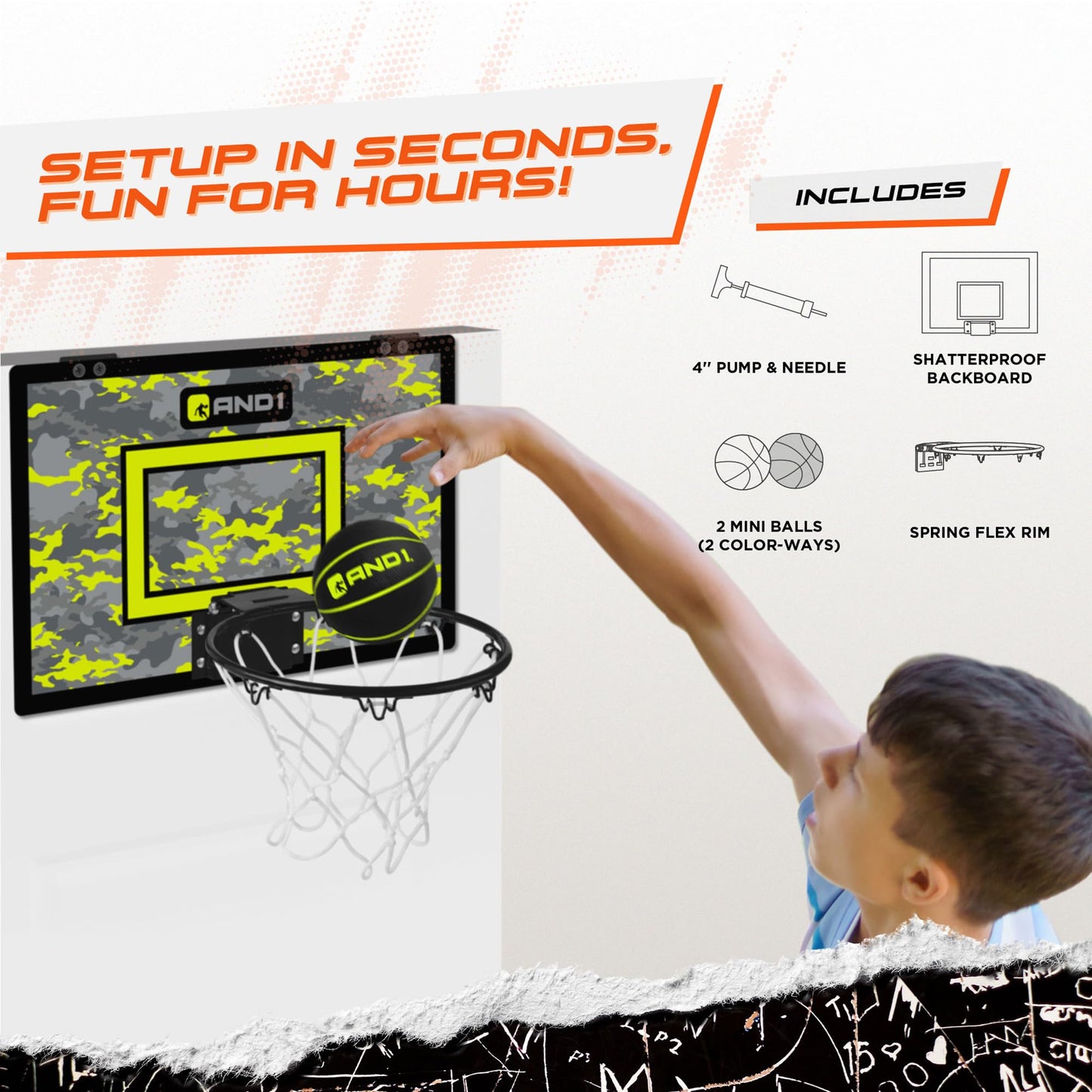 AND1 Over The Door Mini Hoop: - 18”x12” Pre-Assembled Portable Basketball Hoop with Flex Rim, Includes Two Deflated 5” Mini Basketball – Volt/Black (5A1GT0110F0E2)