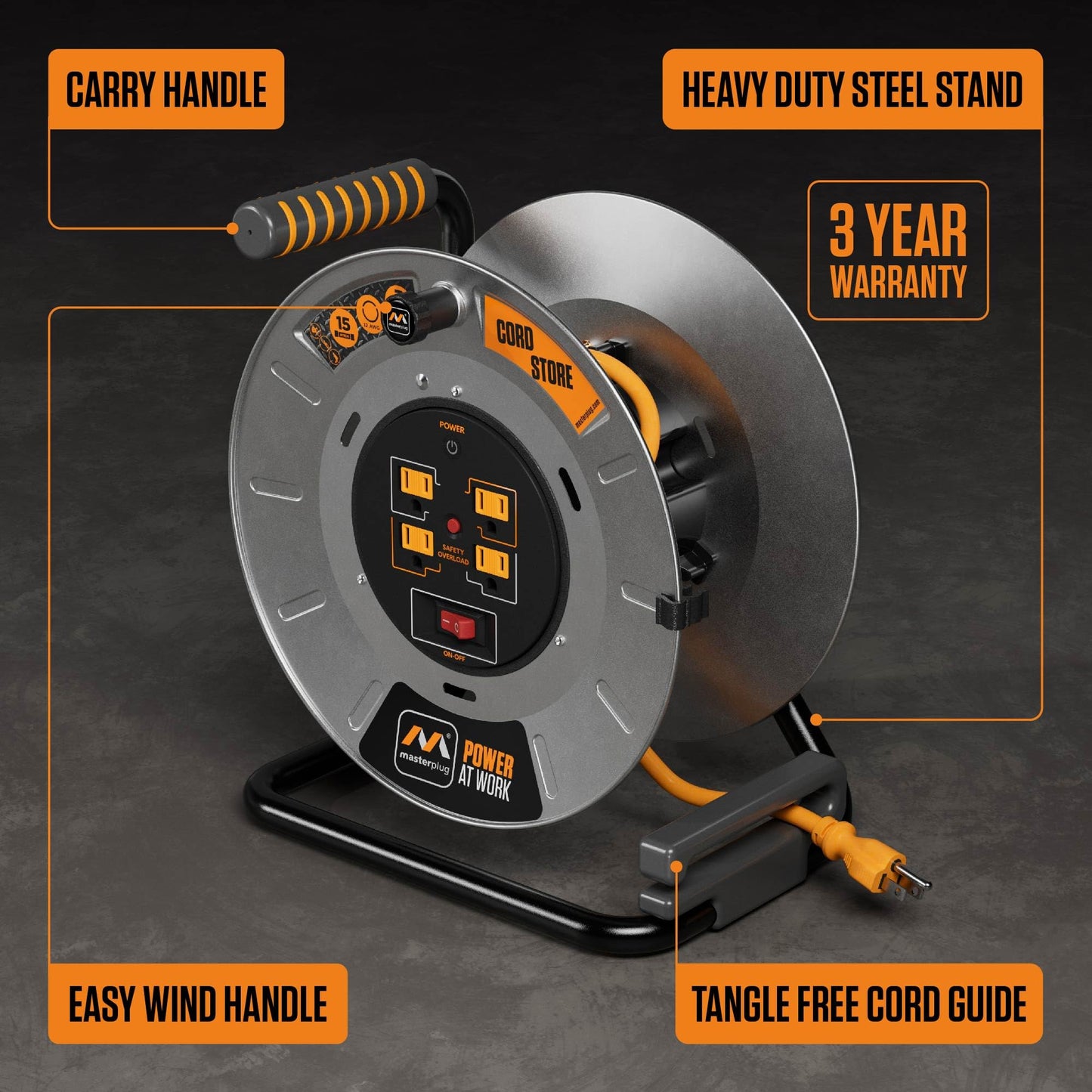 Masterplug 1ft Cord Reel, Metal Cable Drum, Retractable Extension Lead with Winding Handle, Safety Overload Circuit Breaker and Power Switch, 4x Grounded Outlets, 15amps, 12AWG Cable