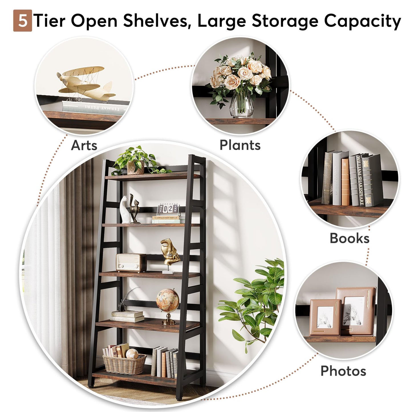 Tribesigns 5-Tier Bookshelf Industrial Bookcase, 5 Shelf Ladder Shelf Book Storage Shelf Organizer for Living Room, Home Office