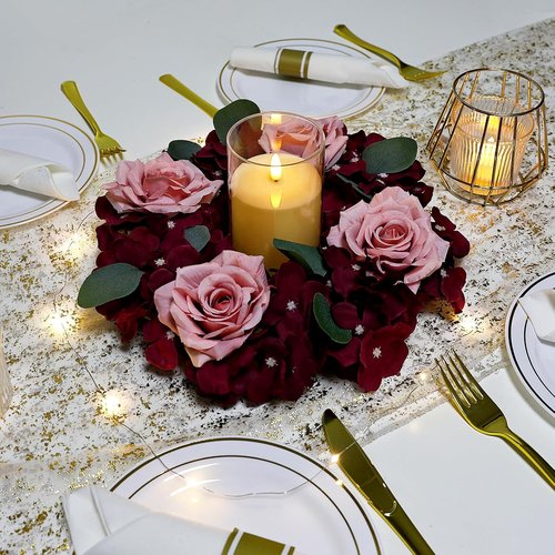 Artificial Flower Candle Rings - 6-Inch Rose Floral Wreaths with Butterflies for Wedding Centerpieces | Burgundy & Dusty Pink