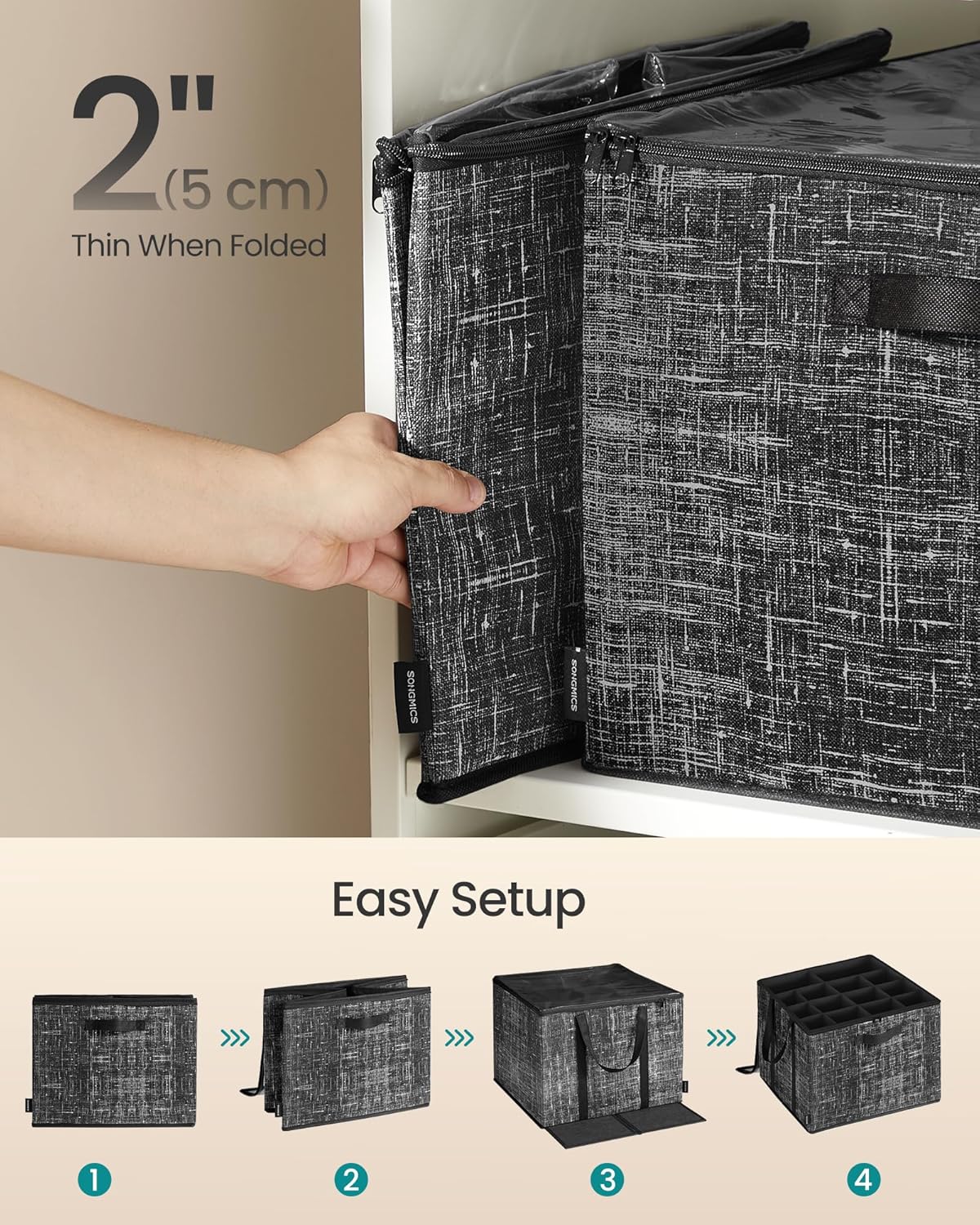SONGMICS Shoe Organizer - Foldable Fabric Storage Bins with Clear Lid - Holds 32 Pairs, Ink Black, 16.5 x 16.5 x 12.5 Inches