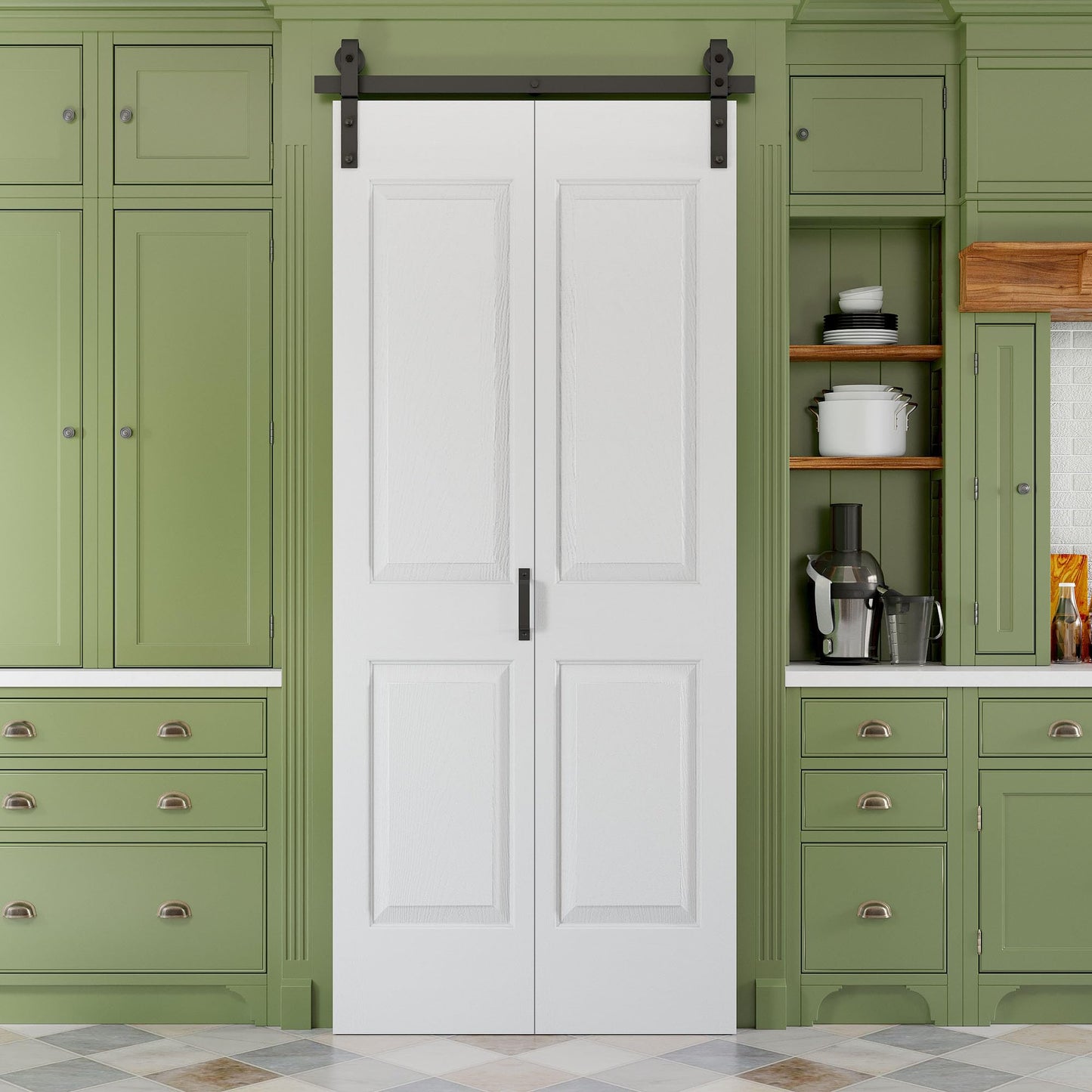 36" x 84" Paintable Bifold Barn Door, No Assembly Required, 4 Panels Bi Fold Sliding Closet Doors with Hardware Kit Included, 40" Track Kit for 2 Doors, Pre-Drilled Holes, White