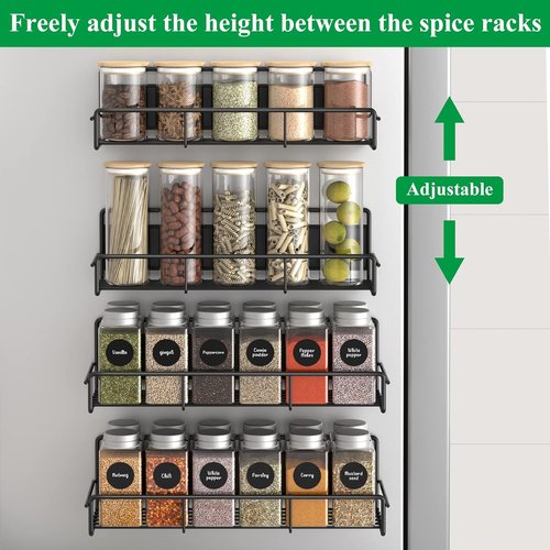 HuggieGems Magnetic Spice Rack Organizer - 4 Pack Metal Fridge Shelf for Kitchen | Black