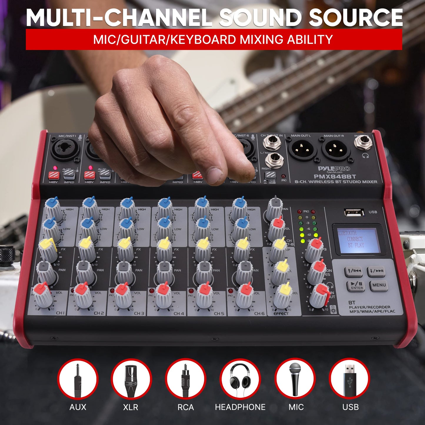 Pyle Professional Wireless DJ Audio Mixer - 8-Channel Bluetooth Compatible DJ Controller Sound Mixer w/USB Port, 6 Mic/Line Input, ¼” Mono/Stereo Input, Headphone Jack, +48V Phantom Power - PMX848BT