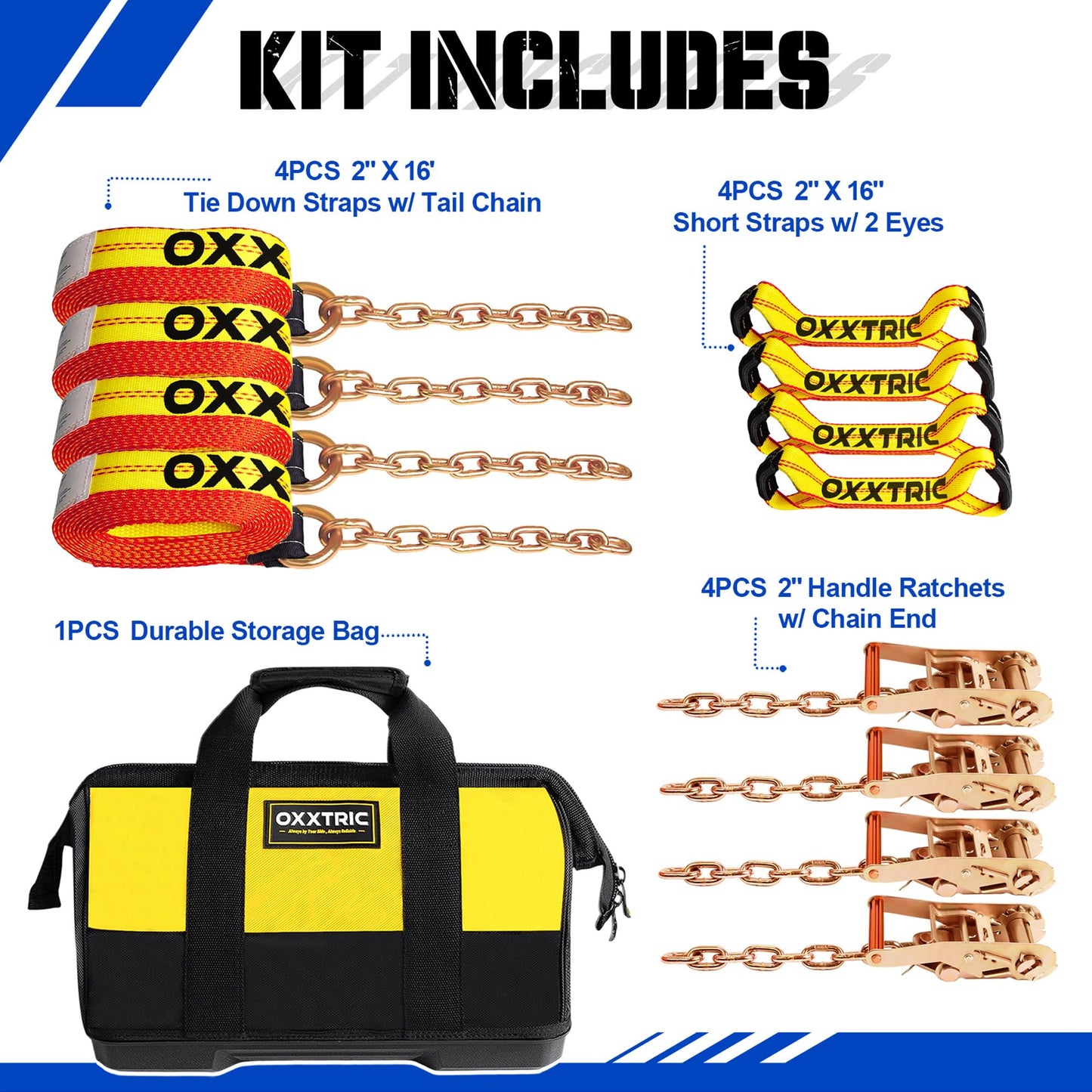 OXXTRIC 8 Point Roll Back Vehicle Tie Down Kit,Tow Truck Flatbed Straps with Chain Extension on Both Ends,WLL 3300 lbs,Heavy Duty Car Hauler Tire Over Wheel Tie Down Straps