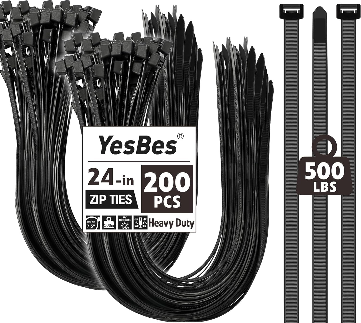 200 24 Inch 500lbs PCS Zip Ties Heavy Duty, Large Cable Ties Tensile Strength, Black Zip Ties for Indoor and Outdoor