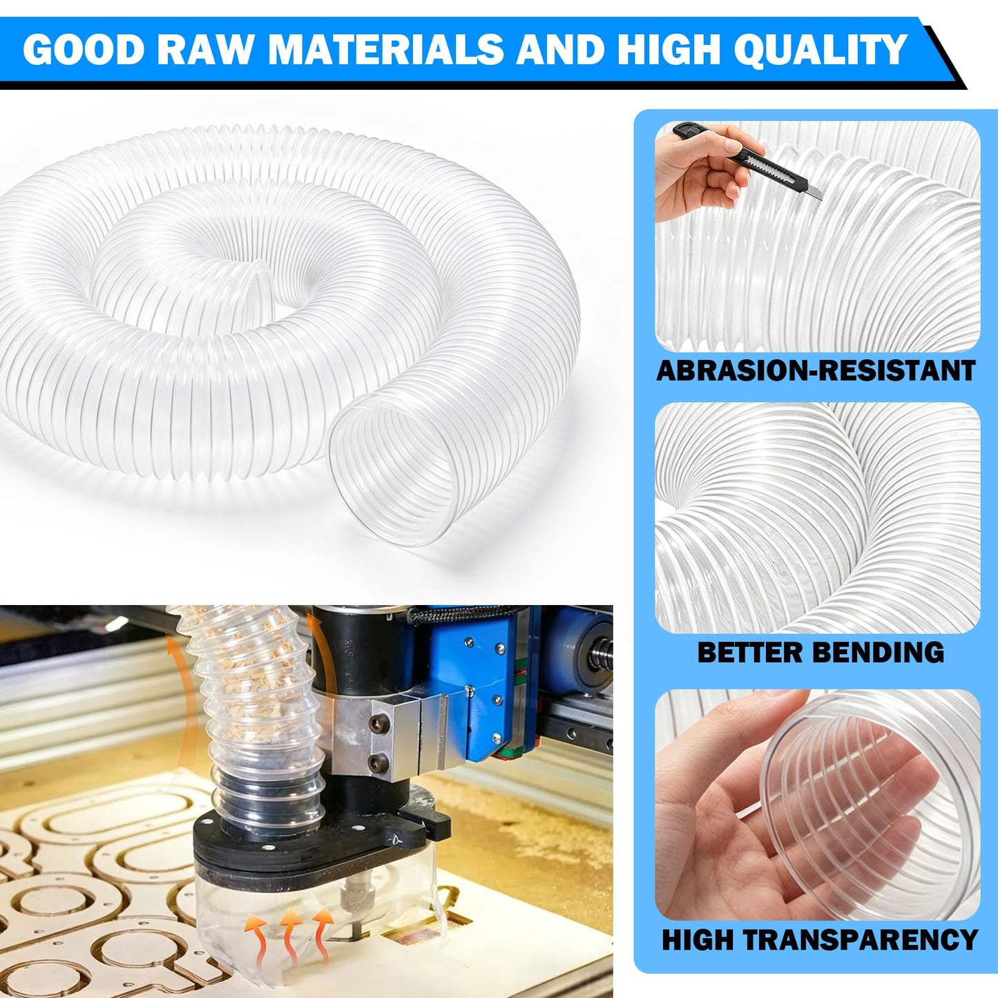 8" x 10FT PVC Dust Collection Hose, Heavy Duty Flexible Dust Collector Hose with Steel Wire Clamps for Woodworking, CNC Machines, Table Saws & Workshop Dust Collection Systems