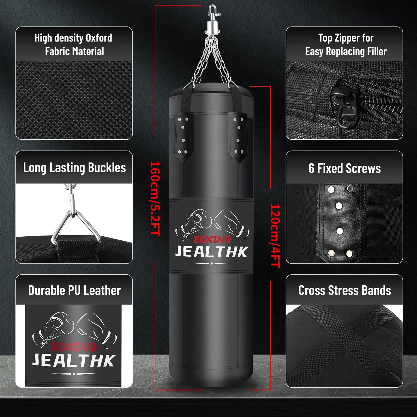 Jealthk 4ft Heavy Punching Bag Set for Adults Complete Boxing Training Equipment with 12oz Gloves, Suitable for MMA, Taekwondo, Muay Thai, Home Gym Unfilled
