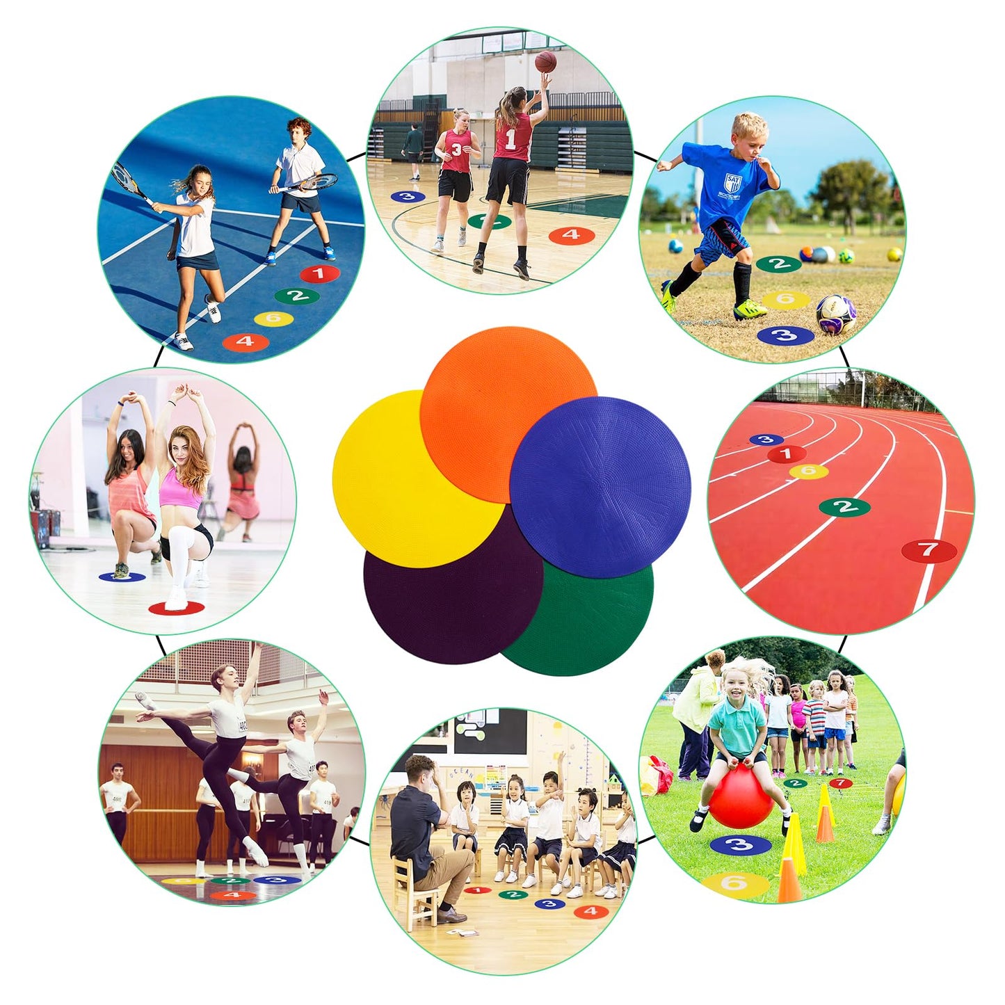 Nuburbur 9 Inch Poly Spots, 10 Anti-Slip Spot Markers Floor Spots, Waterproof Flat Filed Cones Poly Dots for Agility Drills, Basketball, Football Training, Sport Activities and Exercise
