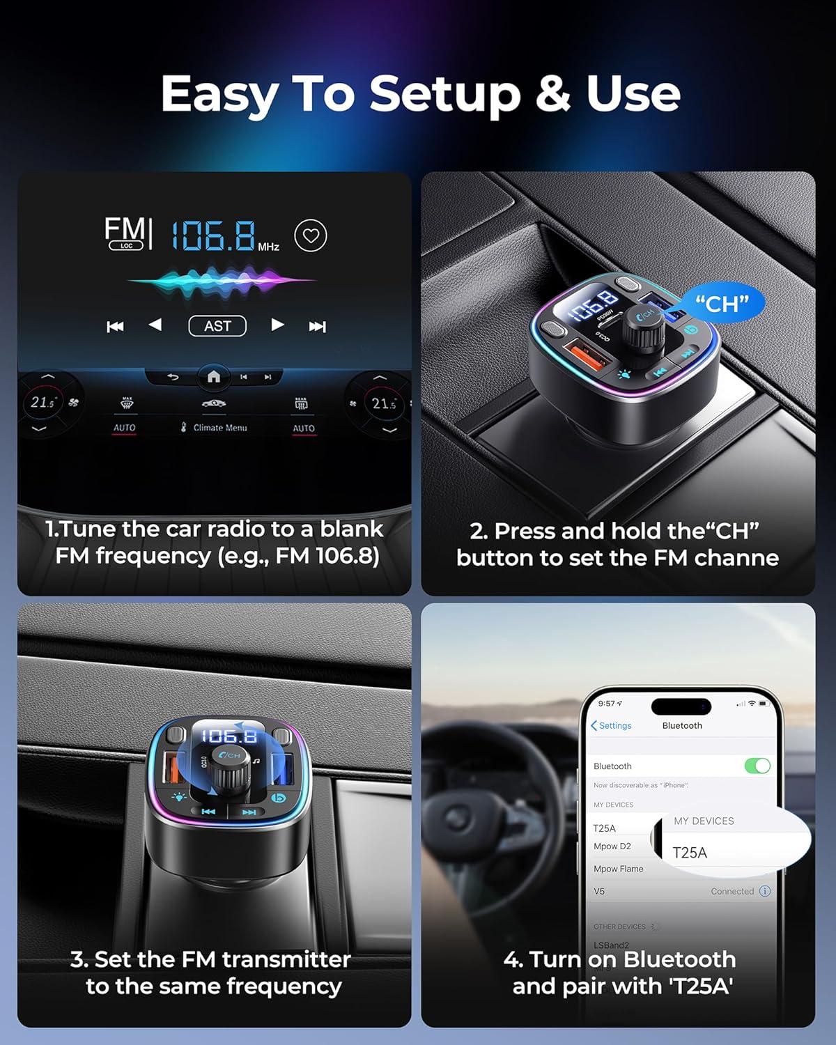 LENCENT 5.4 54W 2 Bluetooth Car Adapter FM Transmitter Fast Charging, Dual Mics, HiFi Bass Sound, Modes LED Backlit