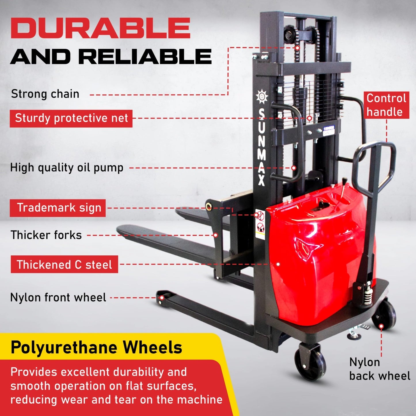 SUNMAX Semi-Electric Pallet Stacker with Fixed Straddle Legs, 3300 lbs Capacity, 78" Lifting Height