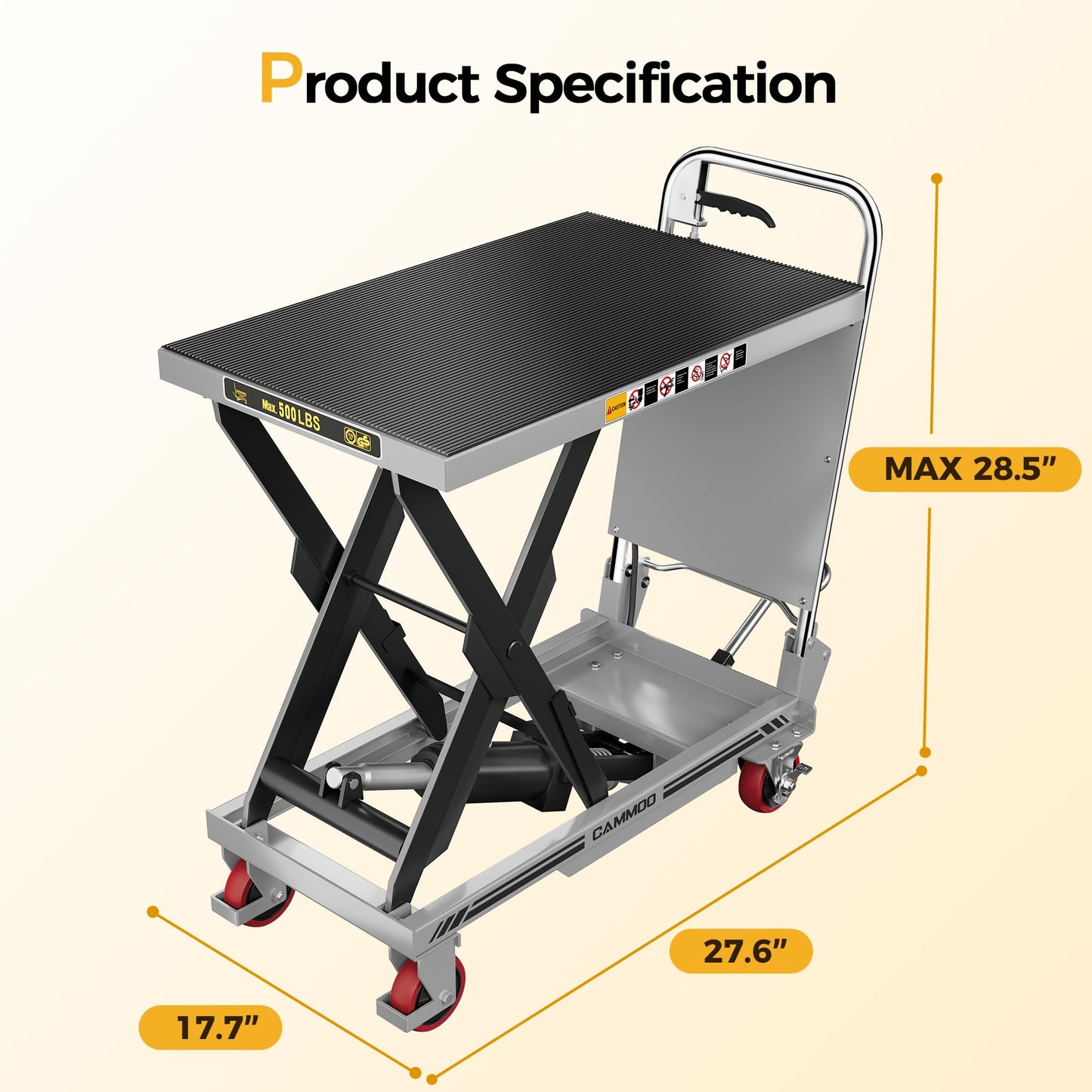 CAMMOO Hydraulic Lift Table Cart, 500lbs Capacity, 28.5" Lifting Height, Single Scissor Lift with Non-Slip Pad & Safety Guard Foldable Handle for Material Handling and Transportation, Gray