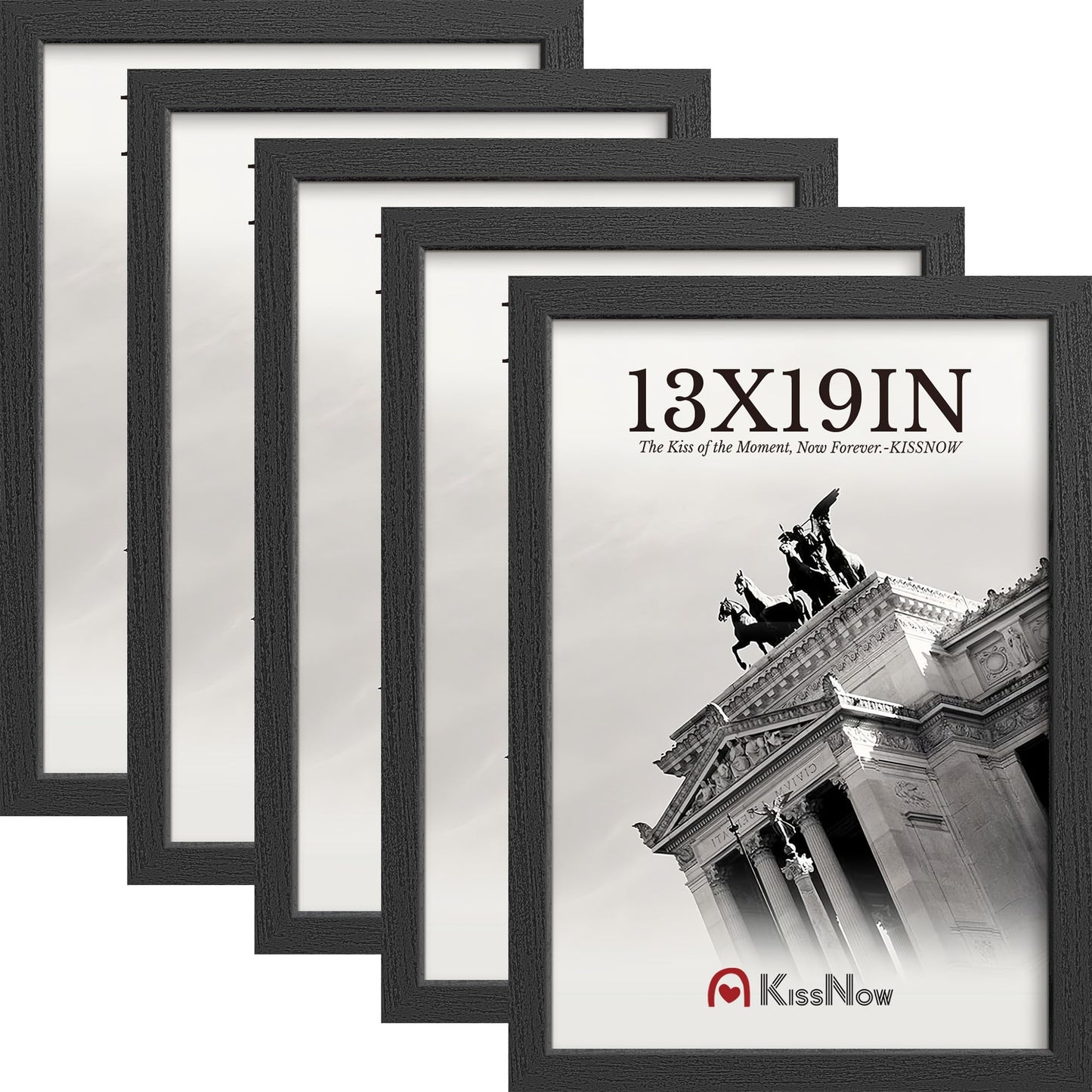 KissNow 13x19 Picture Frame 5-Pack - Black Wooden 19x13 Frames with Tempered Glass, Classic Gallery Design for Photos & Artwork, Horizontal or Vertical Wall Mounting