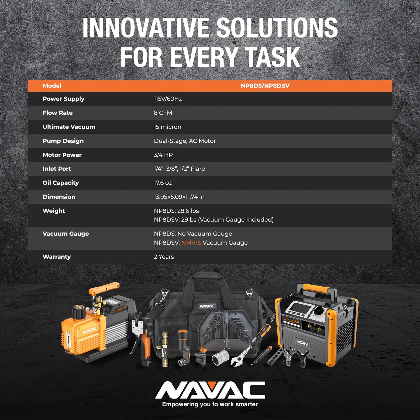 NAVAC Smart Vacuum Pump - 8 CFM Dual-Stage AC Motor, 15 Micron, Real-Time Readings with Digital Display & Compatible NMV1S Bluetooth Gauge, Compact HVAC Pump, Vacuum Gauge Not Included, 28.6 lbs