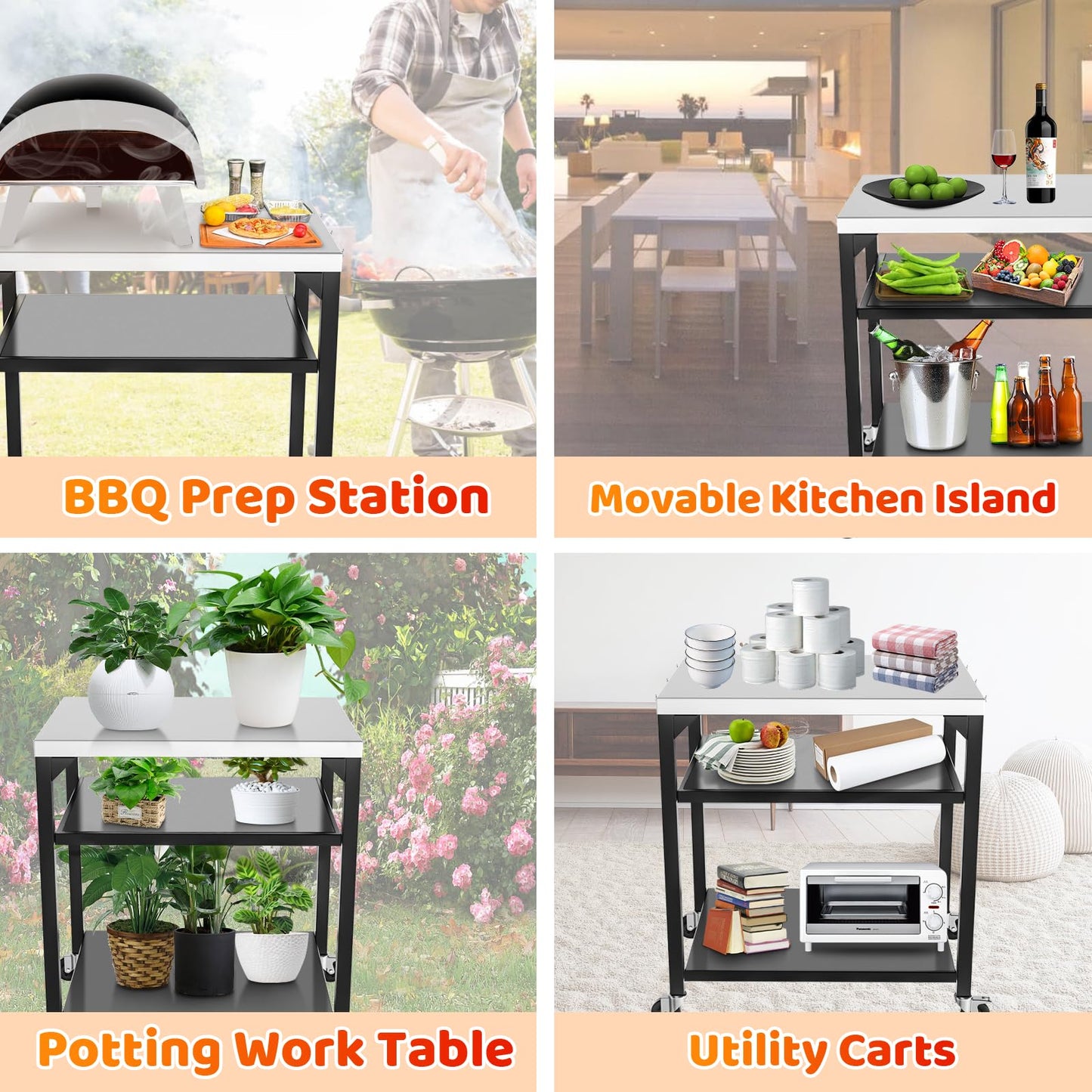 Pizza Oven Table for Ooni, Ninja, Woodfire, Blackstone, Bighorn, Cuisinart, Outdoor Grill Table for Ooni Pizza Oven Accessories, Movable Pizza Oven Stand as Food Prep Cart, Barbecue Tool Set