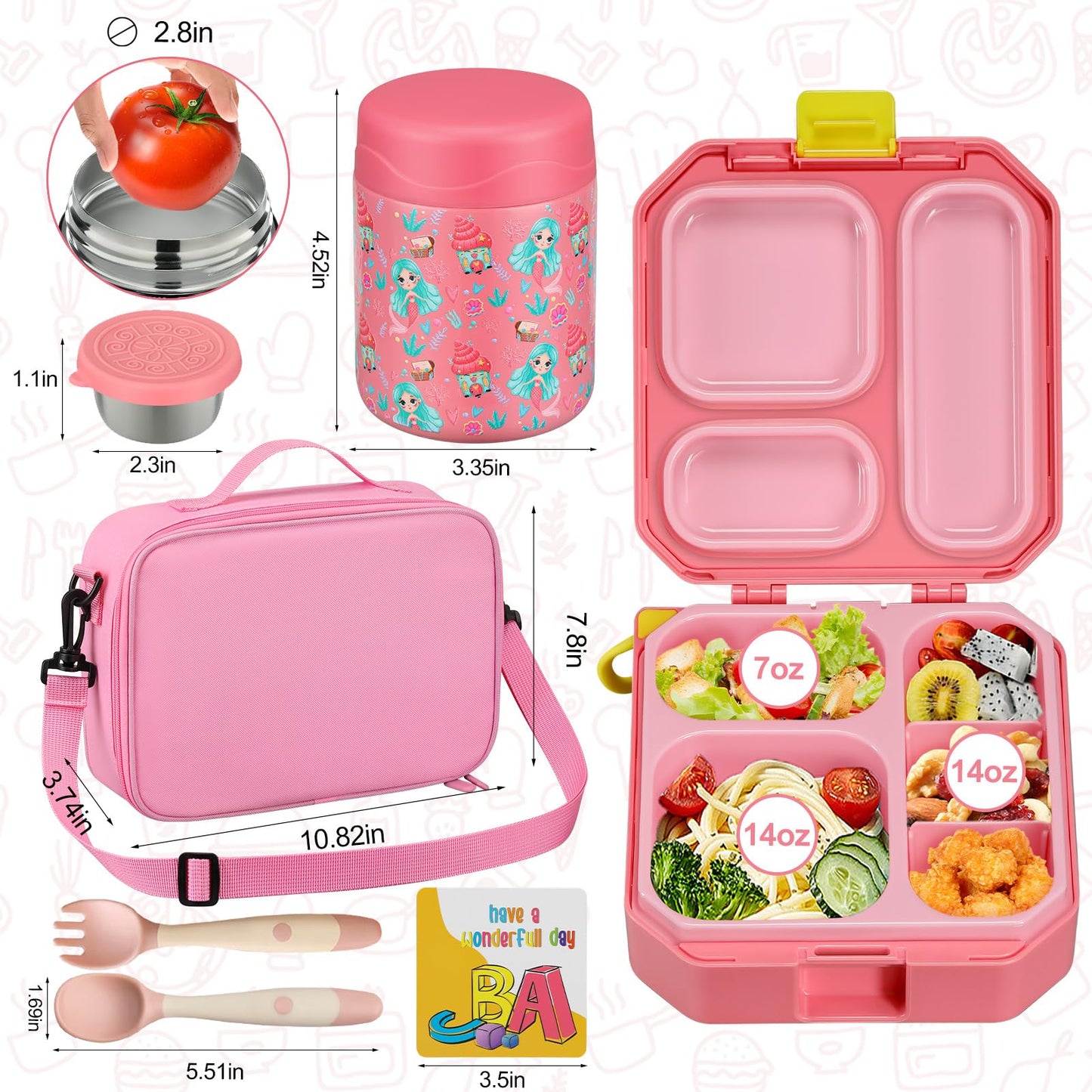 wiwens Bento Lunch Box for Kids with 12oz Soup Thermo Leak-Proof Lunch Food Container with 5 Compartment Thermo Hot Food Jar and Insulated Lunch Bag for Kid Toddler Girls Boys to School