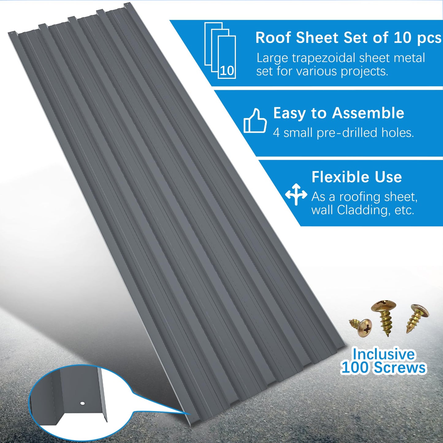 Roof Panels 10 pcs L60.63×W16.77 inch Galvanized Steel, Metal Corrugated Tin Roofing Panels Gazebo Top Cover Heavy Duty Roof Replacement for Patio Outdoor Garden, Grey