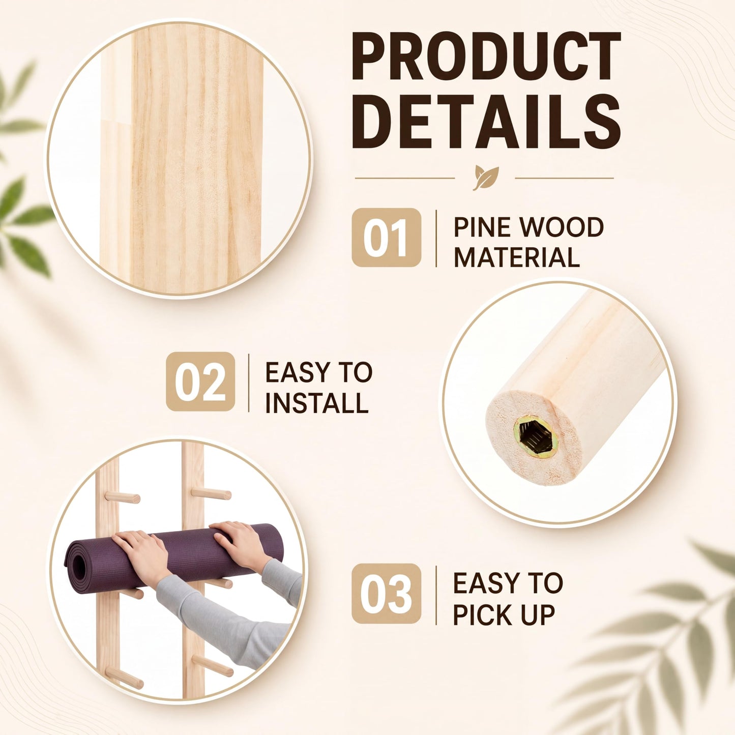 Cinnvoice 1 Pair Yoga Mat Holder Wall Mount Wooden Yoga Mat Storage Racks for Foam Roller & Fitness Accessories 5 Layer 35.4 x 7 x 2 Inches, Accommodating 5 Mats Home Gym Organize
