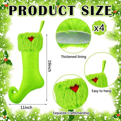 Coume 4 Pcs 19 Inch Lime Green Christmas Stockings Green Faux Fur Xmas Elf Stockings Hanging Christmas Treat Bag Candy Pouch Holder Fireplace Hanging Decor for Xmas Holiday Family Party