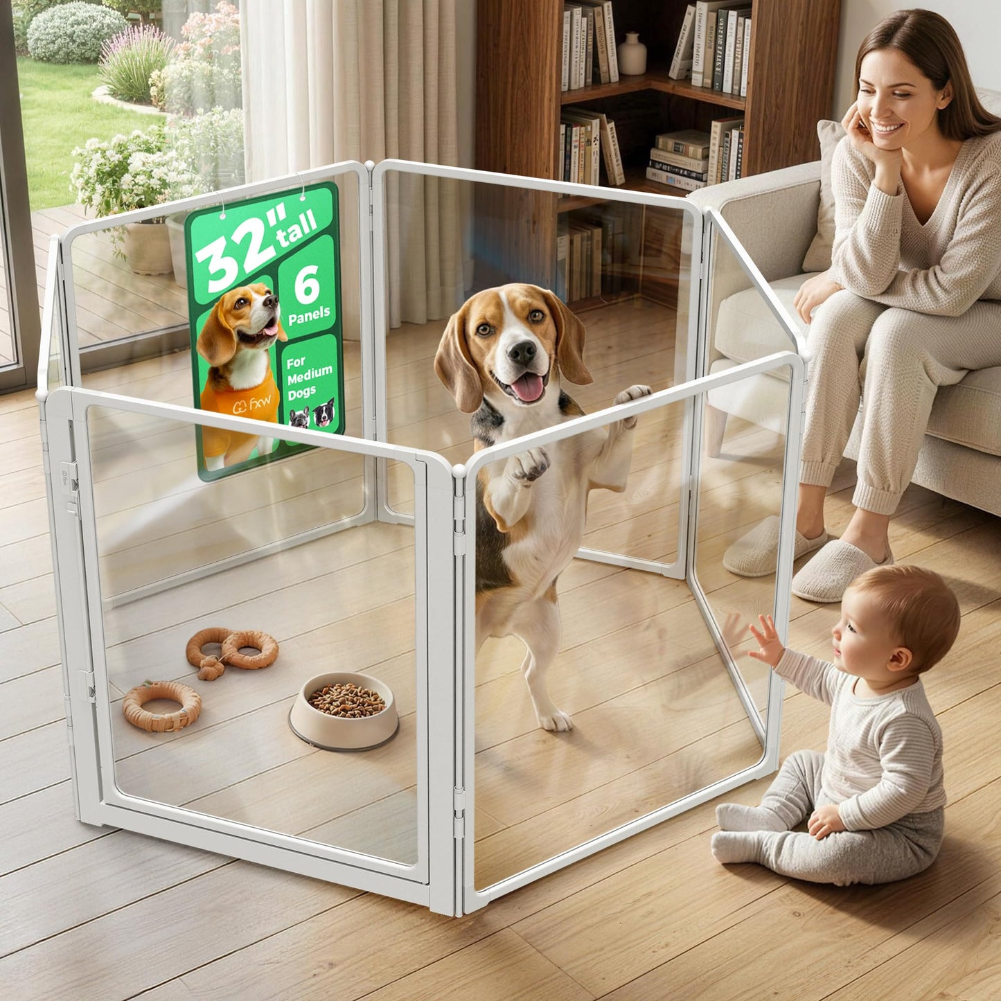 FXW AuraSpace Pro Acrylic Indoor Dog Playpen, Heavy-Duty with Metal Frame, 32" Height 6 Panels for Small and Medium Dogs, White│Patented