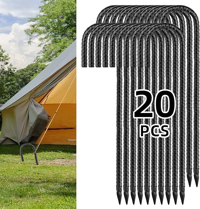 Black Rebar Stakes 12inx6mm Galvanized J Hook 20pcs – Heavy Duty Ground Tent Stakes for Fence,Bounce House,Outdoor Plants,Artificial Turf,Dog Coop,Metal Stakes for Christmas Decorations