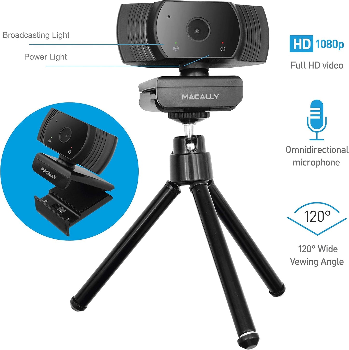 Macally 1080P 120 30FPS Webcam with Microphone - Stay Connected Virtually - Wide Angle HD USB Computer Camera