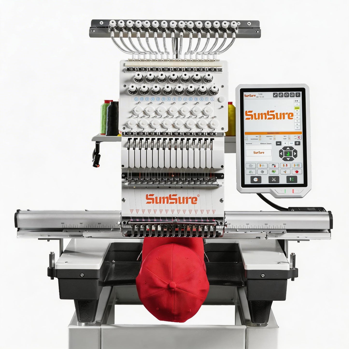 SUNSURE 15-Needle Super Silent Commercial Embroidery Machine, 24″ x 16″ Large Embroidery Area, 1200 SPM Speed, 12 inch Touchscreen, 3D&2D Cap,flat System Included, Pattern Free Design Support