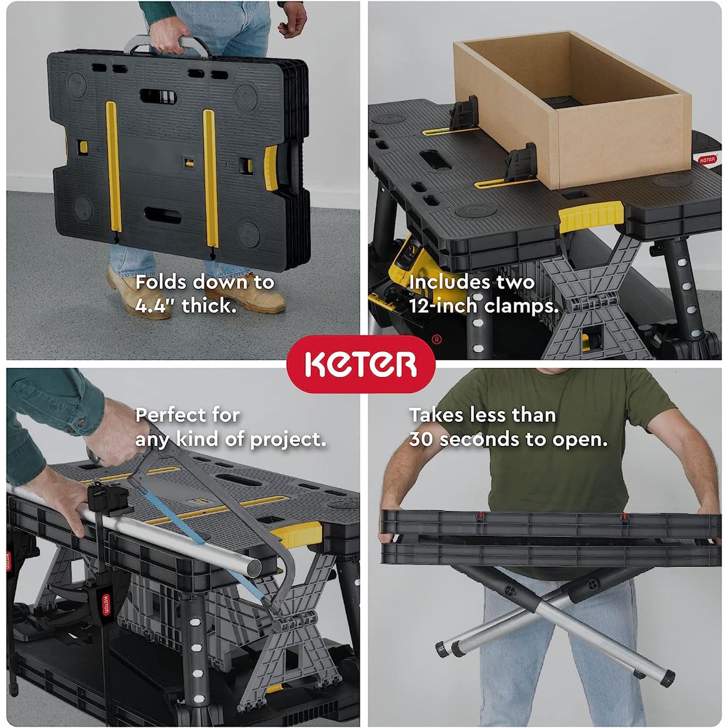 Keter Heavy-Duty Folding Workbench with 1,000 Pound Capacity - Foldable Work Table for Garage, Woodworking, and Outdoor Workshop with 12 Inch Adjustable Clamps