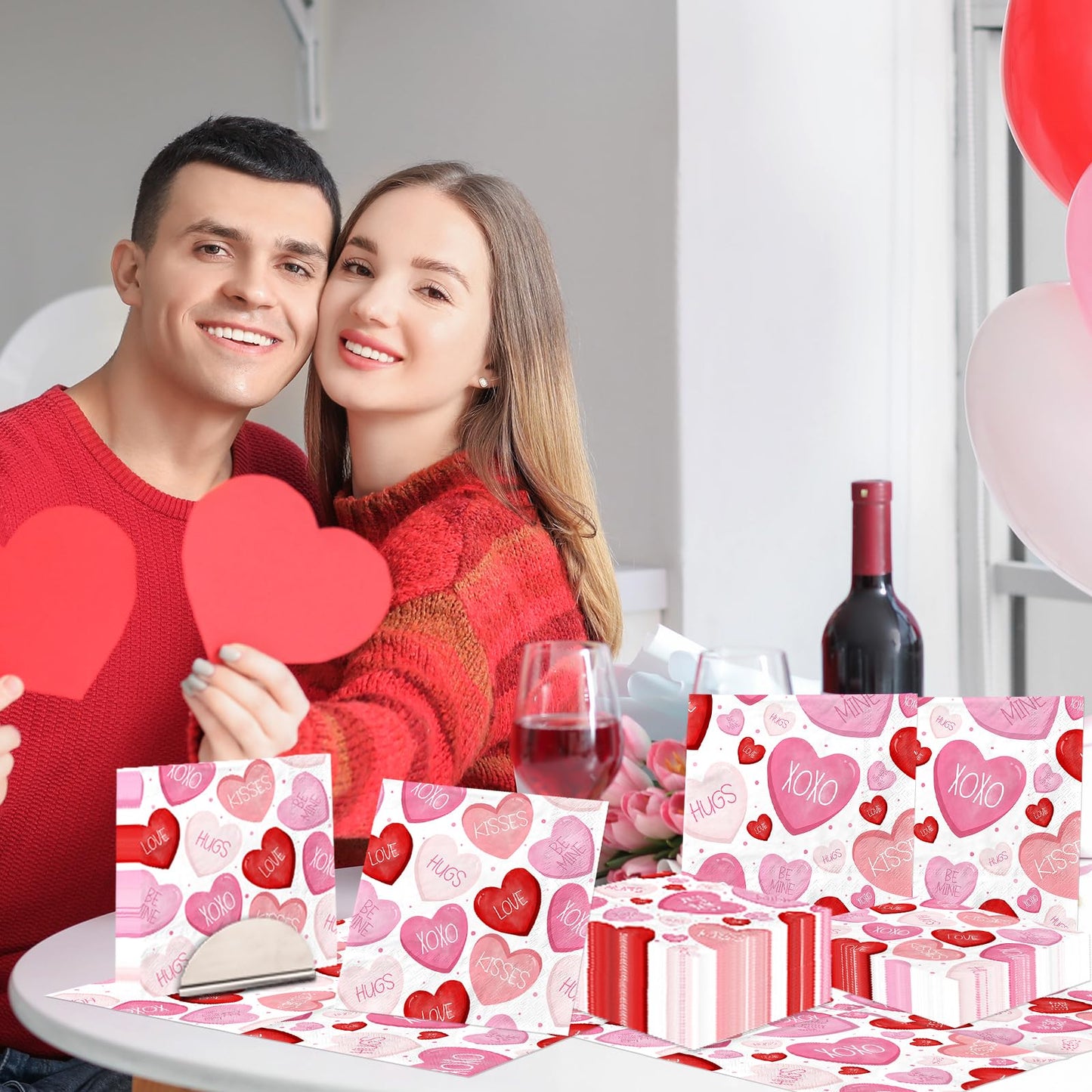 Valentines Napkins,48pcs Pink and Red Conversation Heart Napkins Valentines Day Napkins Disposable Decoration for Valentine Day Wedding