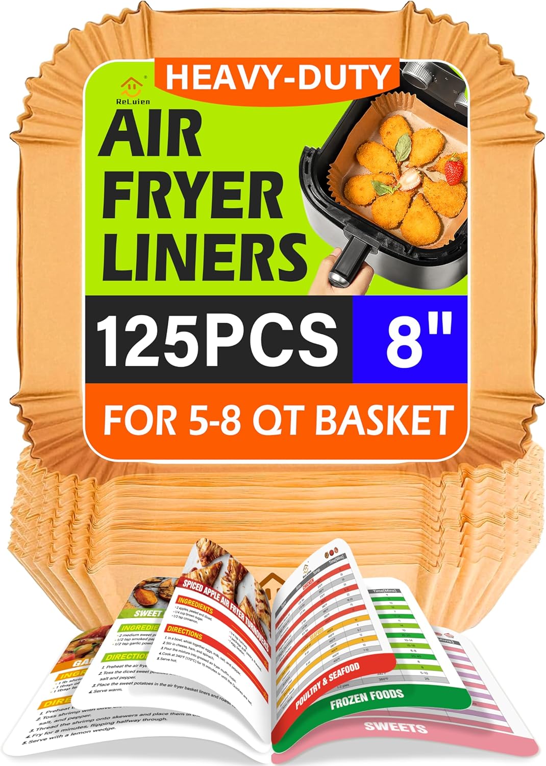Skiennix Air Fryer Liners - 125 Pcs 8-Inch Non-Stick Parchment Paper with Cooking Guide Booklet