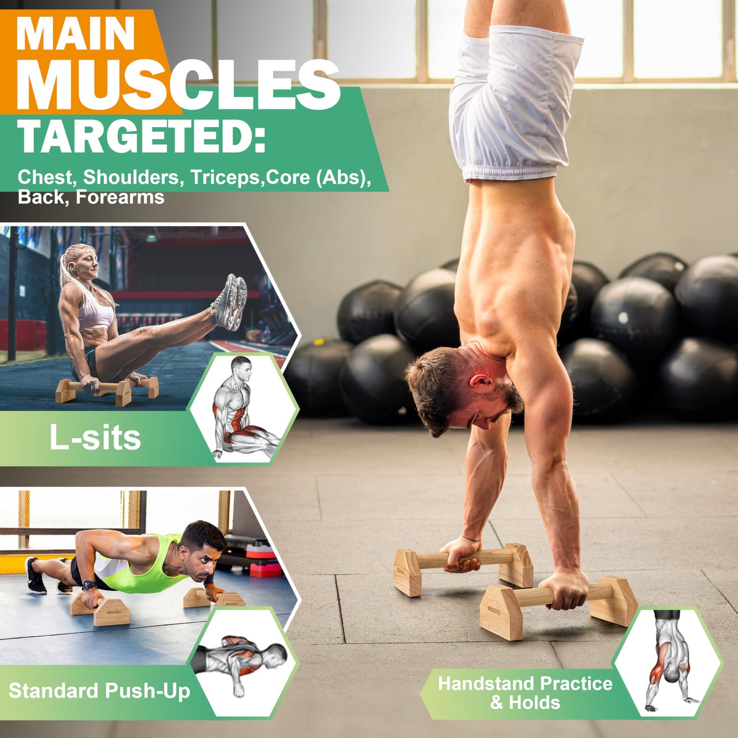 MIUONO Parallettes Push Up Bar, Oak Wood Calisthenics Equipment for Home Gym with Non-Slip Base, Handstand Trainer Push Up Handles for Floor Dip Workout and Strength Training