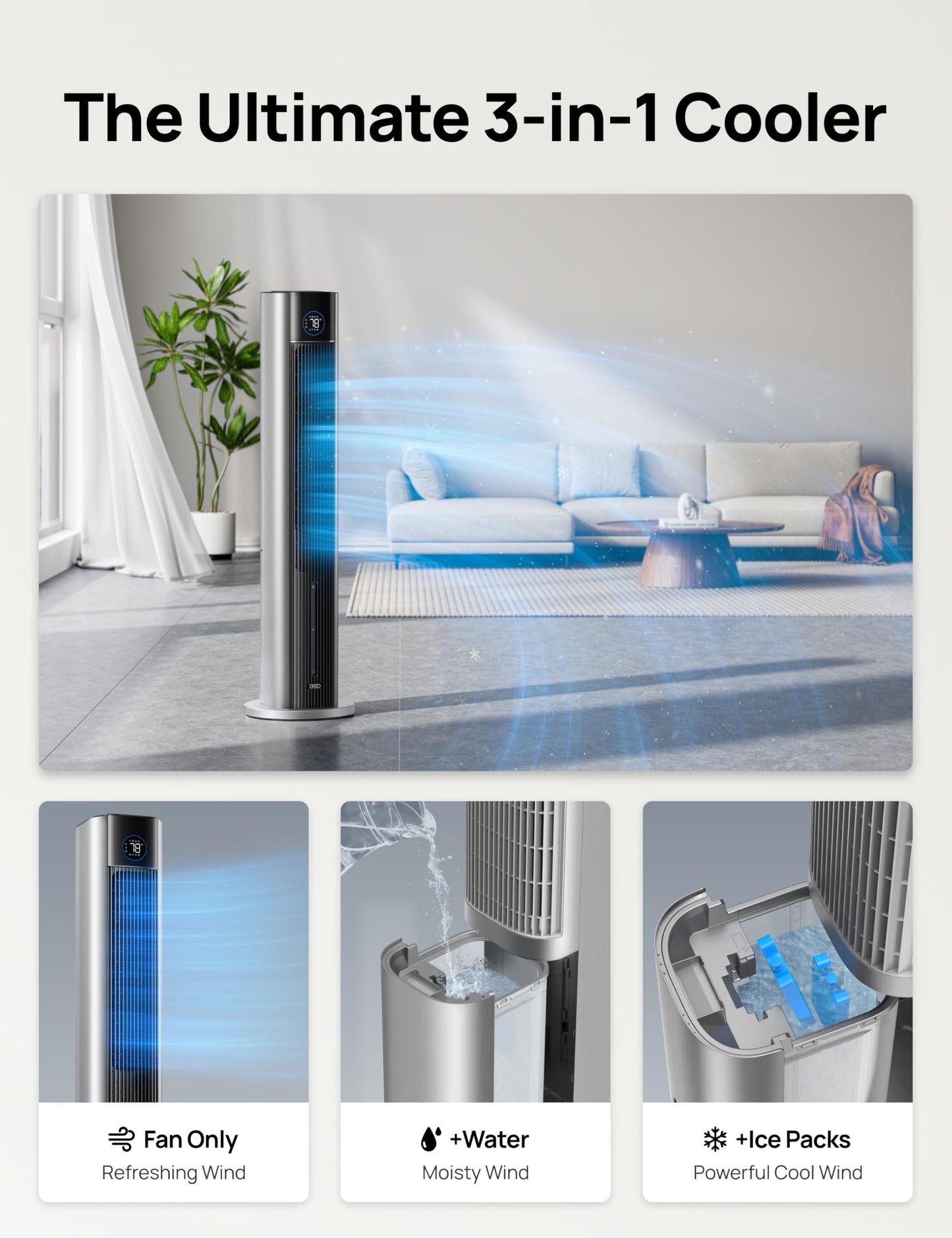DREO Tower Fan for Bedroom, 43" Cooling Fans That Blow Cold Air 2026 Upgraded, Evaporative Air Cooler, Quiet 80° Oscillating Floor Fan, Easy Cleaning, APP Control, 4 Modes 4 Speeds, 12H Timer, Silver