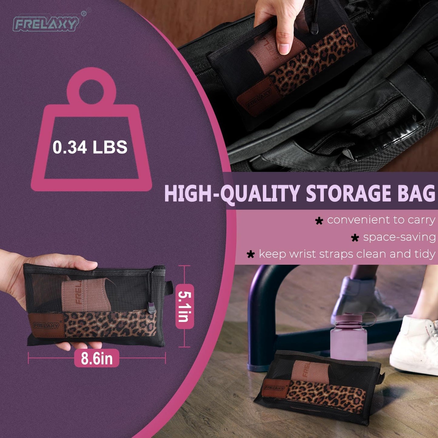 Frelaxy Lifting Wrist Straps Women and Men, Weight Lifting Grips with Cushion Wrist Loop, Double Layer Leather and Storage Pouch, Gym Workout Straps for Deadlift and Powerlifting (Purple/Leopard)