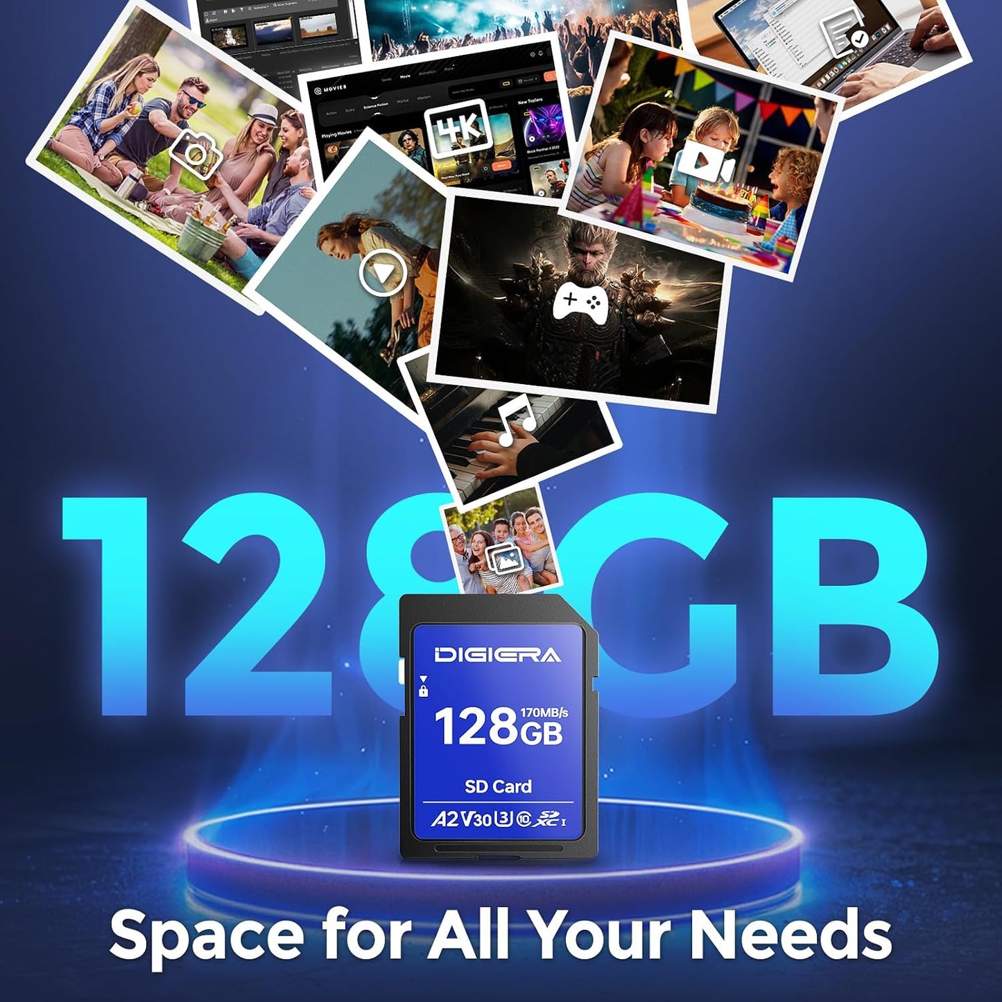 DIGIERA 128GB LS100 170MB/s, C10, U3, V30, 4K (1 Pack) SDXC UHS-I Memory Card - up to UHD, SD Card for Computers