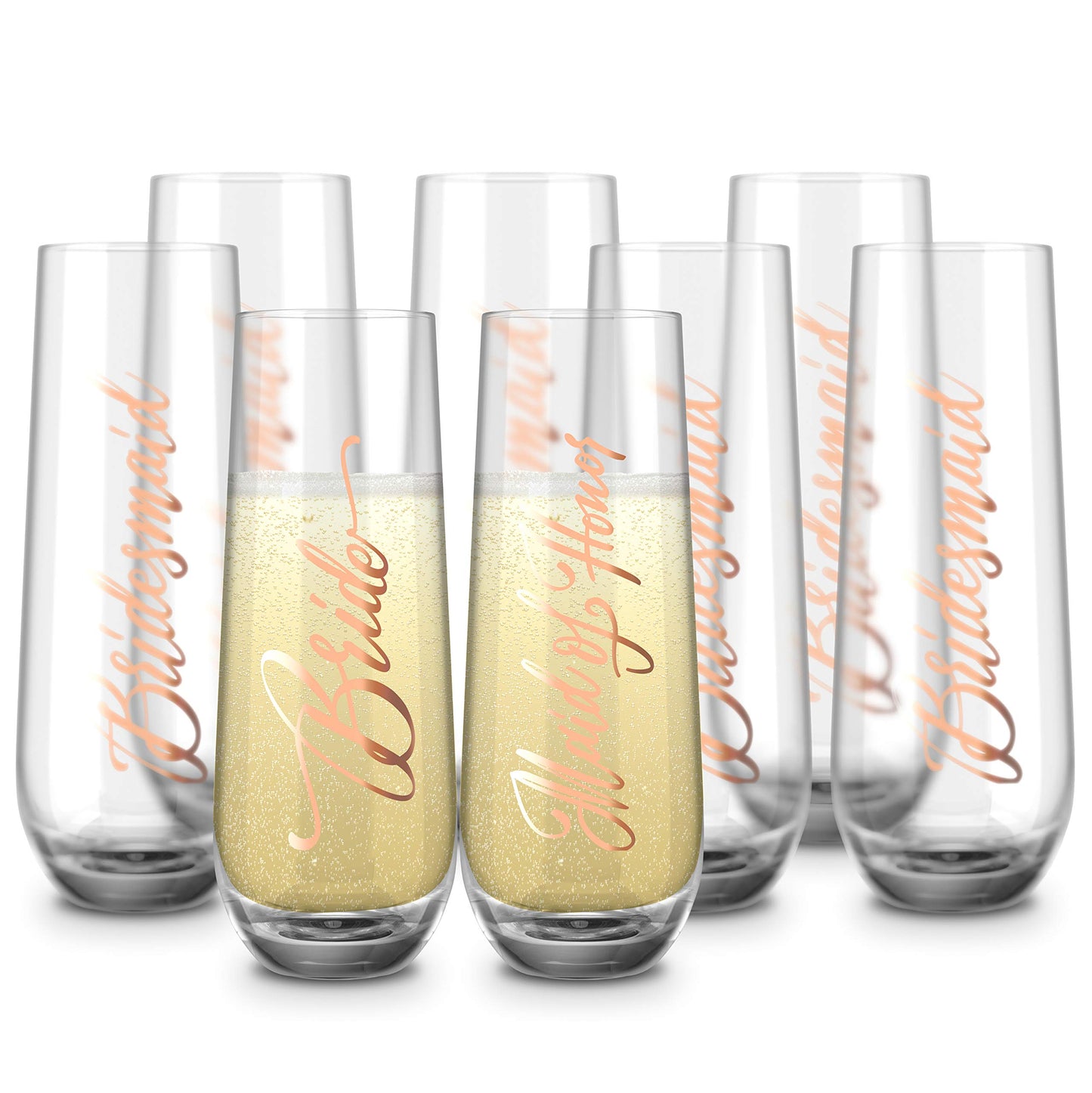 Bridesmaid Wine Glasses, Kook Bachelorette Party Champagne Glasses, 9.4 Oz (Bridal Set of 8), Stemless Glass Champagne Flutes, Cocktail Cups for Rose, Great for Weddings and Parties, Dishwasher Safe