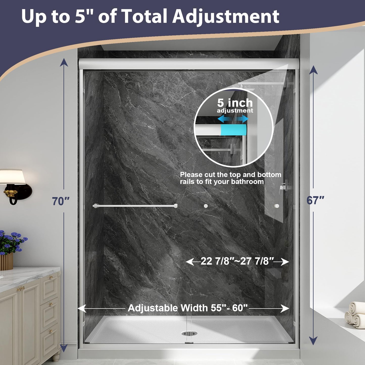 EASYWORC Double Sliding Shower Door, 55"-60" W x 70" H Semi-Frameless Glass Shower Door, 1/4'' (6mm) Clear SGCC Tempered Glass with Explosion-Proof Film and Nano Coating, Brushed Nickel