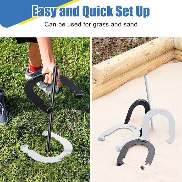 Horseshoes Outside Game for Kids, Metal Horse Shoes Game Kit Includes 4 Horseshoes 2 Stakes, Backyard Beach Outdoor Game for Kids （Not for Adultsï¼?White Black