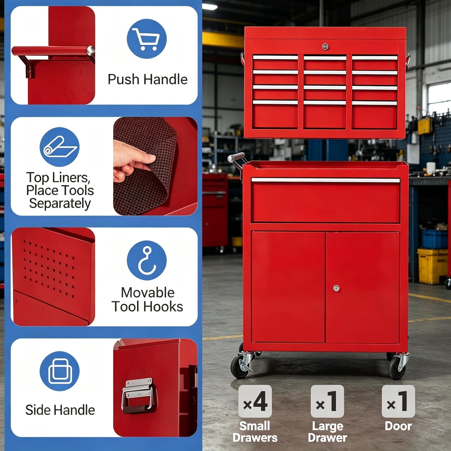 SierraSquad Heavy Duty 8-Drawer Rolling Tool Chest, 2-in-1 Detachable Top Tool Box, Locking Steel Storage Cabinet Cart on Wheels, Red