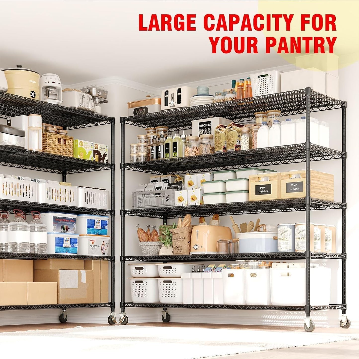Garvee Storage Shelves, 5 Tier Metal Shelving Units with Wheels, 82" H x 59" W x 23.6" D, 3300 LBS Heavy Duty Wire Shelving Rolling Rack for Garage Kitchen Home Basement, Adjustable, Black