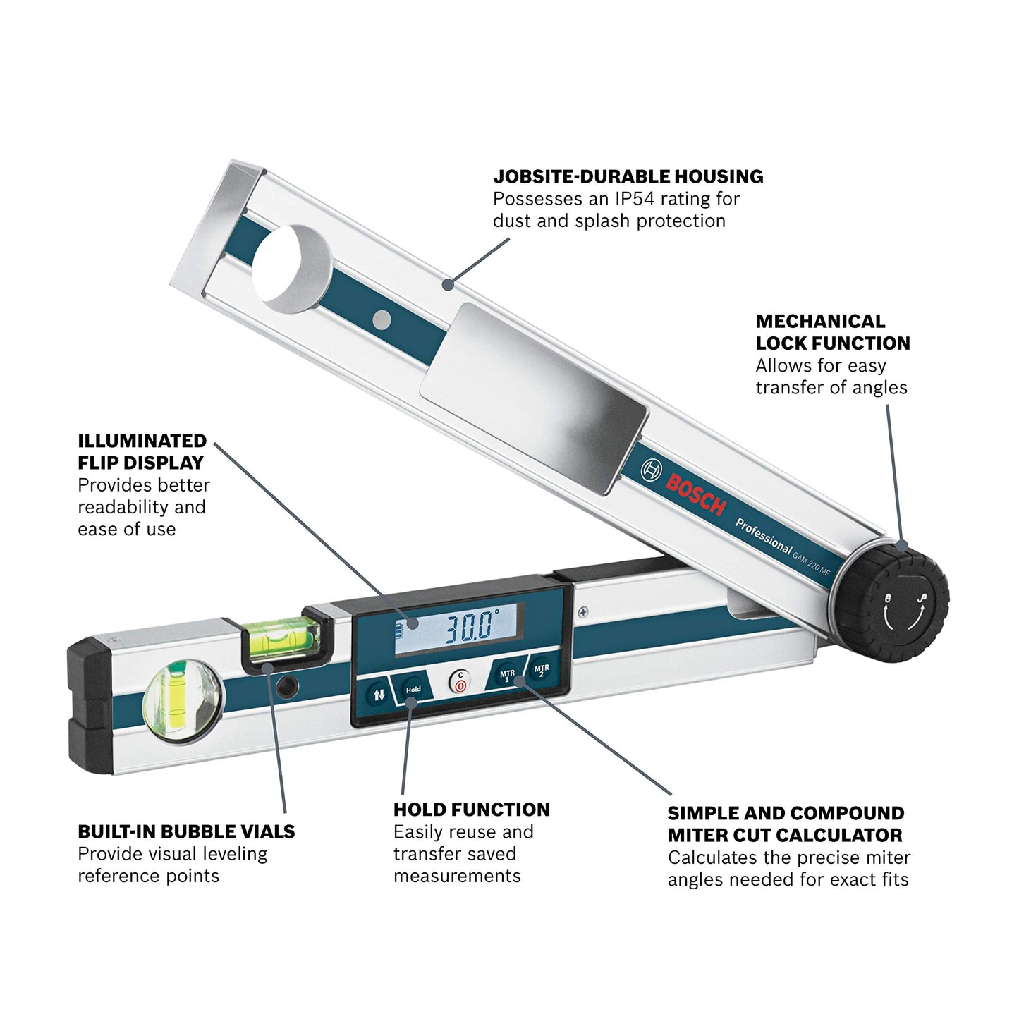 BOSCH GAM 220 MF 4-in-1 Digital Angle Finder, Includes Leg Extension, 4 AA Batteries, & Carrying Case