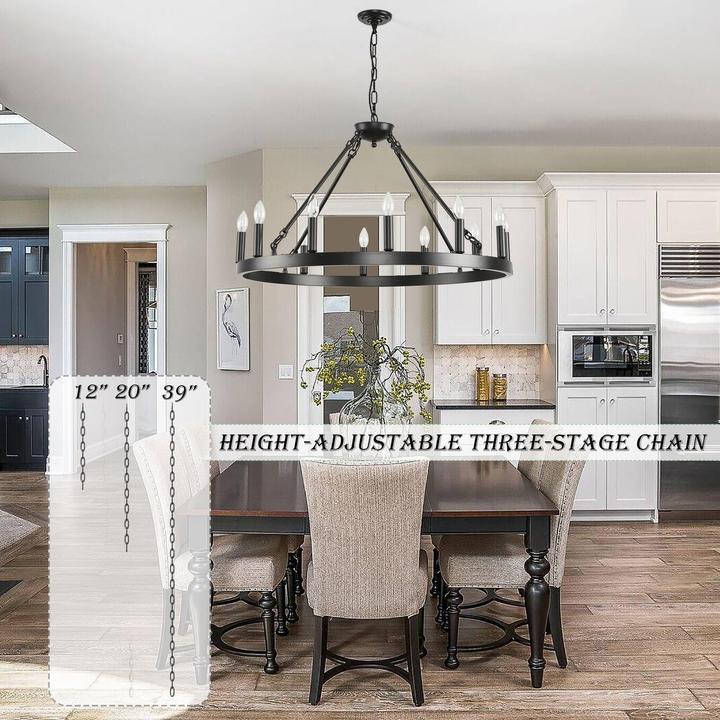 ZBMYRBZJ Black Wagon Wheel Chandelier 32 inch,12-Light Farmhouse Wagon Wheel Chandeliers Round Industrial Ceiling Light fixtures for Porch high Ceilings Living Dining Room Foyer Entryway