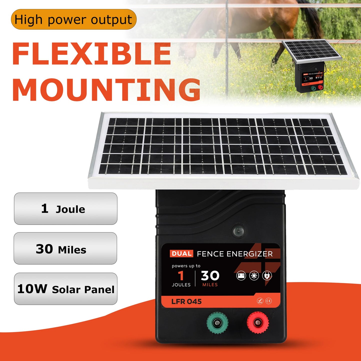 30 Miles Solar Electric Fence Charger, 1 Joule Portable Solar Fence Charger, Solar Electric Fence Kit, with 10W Solar Panel for Livestock, Preventing Predators from Intruding