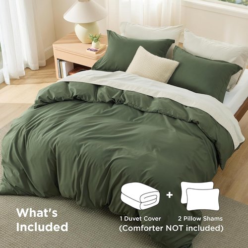 Bedsure Duvet Cover Set - Soft Double Brushed Queen Size Bedding in Olive Green | 3 Pieces with Zipper Closure